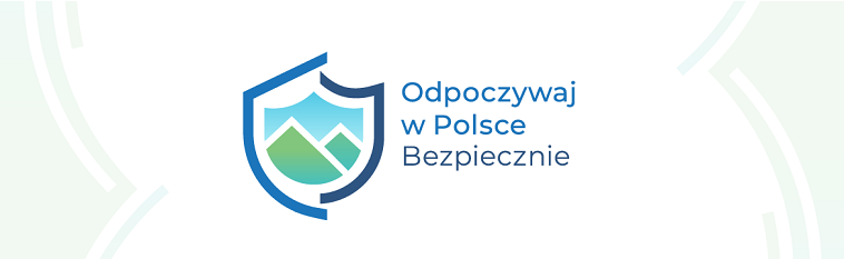 Logo Odpoczywaj w Polsce bezpiecznie. Symbol tarczy na której widnieje krajobraz gór 
