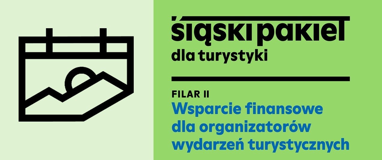 Grafika zachodu słońca w górach, Logo  Śląski pakiet dla turystyki filar 2 . Wsparcie finansowe dla organizatorów wydarzeń turystycznych. 