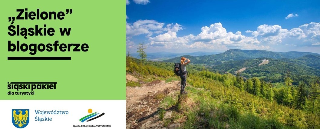 Po lewej napis „Zielone” Śląskie w blogosferze. Po prawej zdjęcie kobiety oglądającej krajobraz górski 
